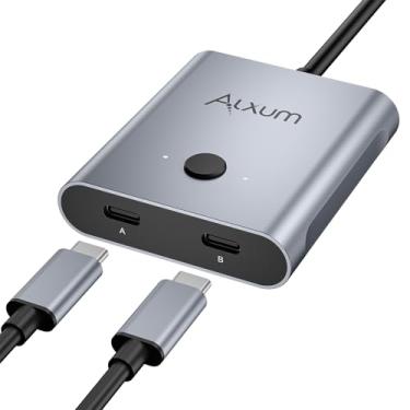 Imagem de Alxum Interruptor USB C bidirecional - 2 em 1 saída/1 em 2 saídas, 2 computadores compartilham 1 monitor, interruptores KVM suportam transferência de dados de vídeo 8K a 60Hz 10 Gbps, cabos USB-C