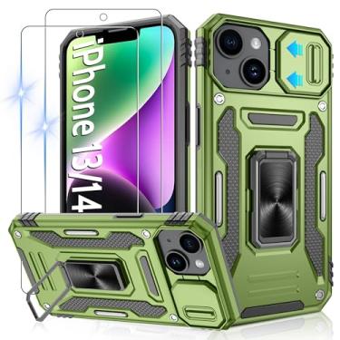Imagem de Gritup Capa para iPhone 13/14 com capa de câmera deslizante | Pacote com 2 protetores de tela HD | Suporte de metal giratório de 360° | Proteção à prova de choque de grau MIL-(padrão militar) | Verde
