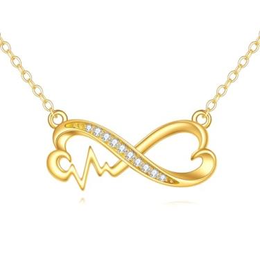 Imagem de KECHO Colar infinito de ouro maciço 14K para mulheres, formato de coração, zircônia cúbica, filigrana, infinito, pingente de aniversário, presente para mãe, esposa, namorada, filha, Ouro amarelo