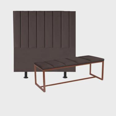 Imagem de Kit Cabeceira Carla e Calçadeira Industrial 140cm Casal Box Ferro Bronze Corino Marrom - Ahz Móveis
