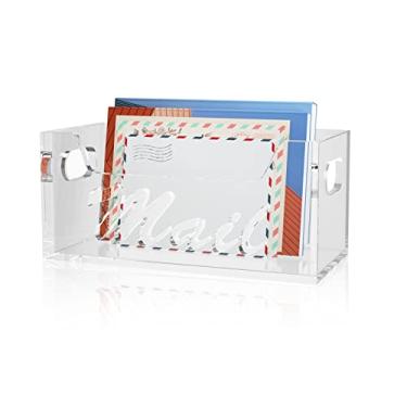 Imagem de wishacc Caixa de suporte de correio de acrílico transparente, separador de notas e letras para mesa, cesto de armazenamento de envelopes verticais, organizador de pasta de arquivo/bandeja divisória de papel