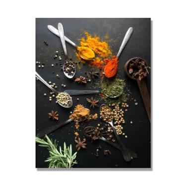 Imagem de Arte de parede colorida em tela para especiarias e colher de tempero | Decoração de cozinha vintage | Arte moderna para casa e sala de jantar (especiarias mistas 11). 70 x 90 cm - 27,6 x 35,4 pol sem