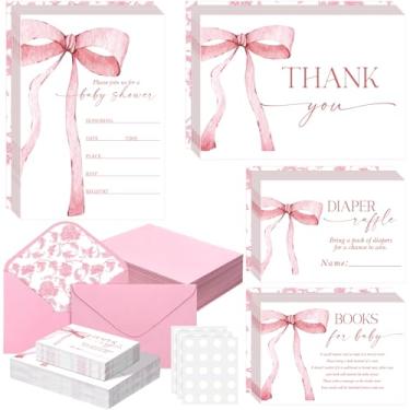 Imagem de Fuutreo 25 Pcs Coquette Pink Bow Baby Shower Invitation Bundle Thank You Invitation with Envelope Book Request Card Diaper Raffle Ticket Pink Gender Reveal Card for Girl Baby Shower Supply