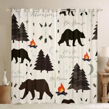 Imagem de Cortina de janela Happy Camping, Hunt Bear Pinheiros, para decoração de quarto de cabana de crianças, meninos, meninas, fogueira de desenho animado, flecha, estrelas, lua, janela, cortina, aventura