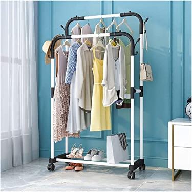 Imagem de LIFOND Suporte para roupas, trilho sobre rodas, suporte duplo de metal resistente, destacável com prateleiras, suporte fácil de montar, varão para decoração de quarto, branco D