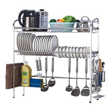 Imagem de CLLBANT Escorredor de louça, escorredor de louça, 2 camadas de aço inoxidável para pia de cozinha, escorredor, talheres, organizador de talheres de água, 4 tamanhos de dreno / 93 x 27 x 82 cm (tamanho