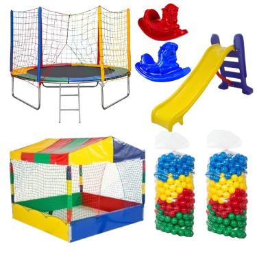 Imagem de Cama Elástica Pula Pula 2,44m + Piscina de Bolinhas 1,50m Quadrada + 1000 Bolinhas + Escorregador Médio + 2 Gangorra 1 Lugar