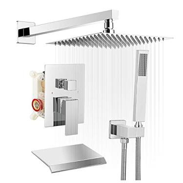 Imagem de BWE Torneira cromada para chuveiro de 30,5 cm com torneira cromada, conjunto de torneira quadrada, luxuosa, misturador de pressão, equilíbrio de pressão, montagem de parede com 3 funções, chuva, corpo e acabamento da válvula incluídos