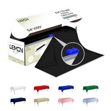 Imagem de LEMON + Co. Rolo de toalha de mesa de plástico premium preto - 137 cm x 100 pés para festas com caixa cortadora - toalha de mesa retangular e redonda descartável de plástico