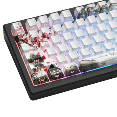 Imagem de Conjunto de teclas Womier PBT com 130 teclas, teclado japonês branco personalizado Doubleshot Dye Sub Side Print Shine Through Keycaps 60 65 75 100 por cento, perfil de cerejeira, flor de cerejeira