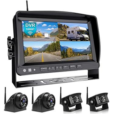 Imagem de Fookoo Sistema de câmera de backup sem fio HD 1080P 9", monitor de tela dividida quádrupla de 9 polegadas com gravação, câmeras de visão traseira à prova d'água IP69, sinal digital, linhas de