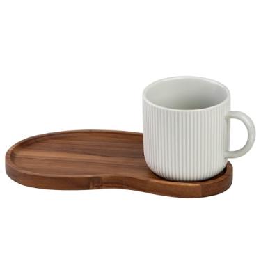 Imagem de JiabaoPC Conjunto de caneca de café de cerâmica e bandeja de servir de madeira, copo canelado branco com alça de 402 g, design moderno com bandeja de madeira