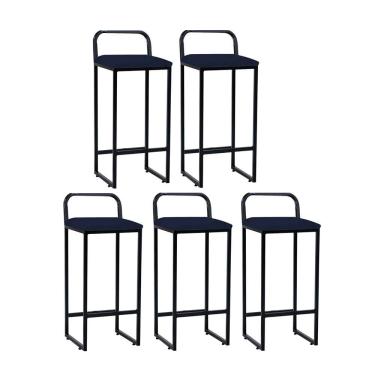 Imagem de Kit 05 Banqueta Alta Luffi Com Encosto Cozinha Bar Balcão Bistrô Ferro Preto Suede Azul Marinho