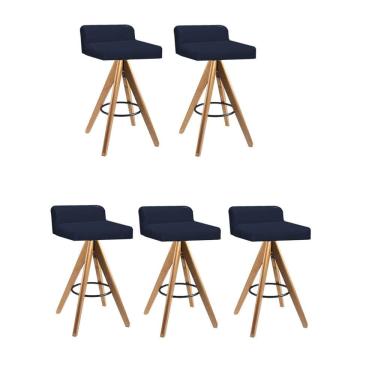 Imagem de Kit 05 Banqueta Alta Com Encosto Giratória Aurea Madeira Balcão Bistrô Cozinha Suede Azul Marinho