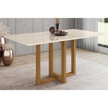 Imagem de Mesa De Sala Jantar Natalí Sc70 + Tampo Madeirado Vidro Reto 160x90cm Nature-off White