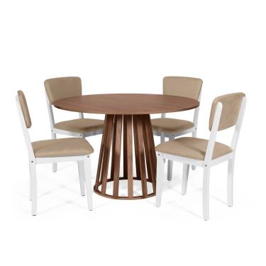 Imagem de Mesa De Jantar Redonda Gabi Noronha Com 4 Cadeiras Estofadas Ella Branco/marrom Claro
