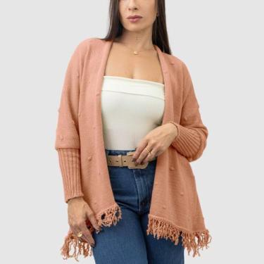 Imagem de Kimono Tricot Pipoca com Franjas Poncho Feminino Inverno Cardigan Aber