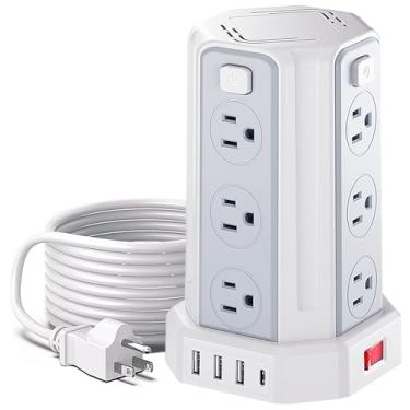 Imagem de SMALLRT Protetor Contra Surtos De Energia, Cabo Extensão 3 Metros Com 12 Tomadas Ca Múltiplas, 4 Usb (1 C), Estação Carregamento Mesa Em Torre (Branca, 1,9 M)