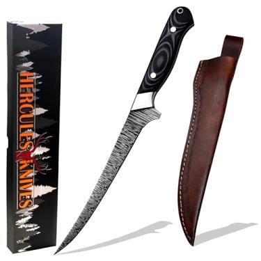 Imagem de Hercules Knives Faca De Filé Aço Damasco Forjada À Mão Personalizada, Pescador, Cabo Micarta G-10, Bainha Couro, Lâmina Fixa, Feita Mão, Fio Ultra Afiado (Aço Damasco)