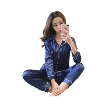 Imagem de Conjunto De Pijamas De Seda Sexy Feminino Manga Longa Cardigan Roupa D