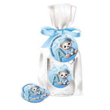 Imagem de kit 25 Lembrancinhas Alcool Gel Ursinho Azul Maternidade e Chá De Bebê