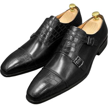 Imagem de Mocassins Masculinos Sapatos De Vestir Couro Slip On Fivela Dupla Monk Sapato Antiderrapante Escritório De Negócios Formal, Black, 47 EU