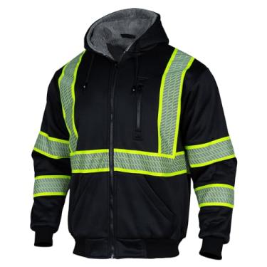 Imagem de VENDACE Moletom masculino ANSI Classe 3 de alta visibilidade refletivo de lã com zíper com capuz e parte inferior preta (preto, G)