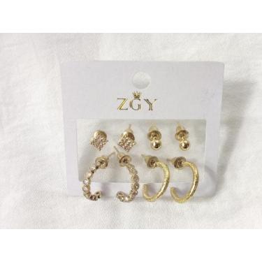 Imagem de Kit 4 pequenos Brincos femininos folheados de zircão Brincos Argola - 