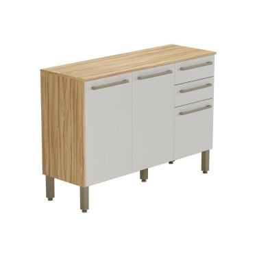 Imagem de Gabinete p/ Pia Cozinha Balcão c/ Tampo Carménère c/ 3 Portas e 2 Gavetas 120cm Amendoa/Off White - Ronipa