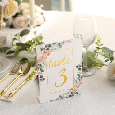 Imagem de Números de mesa Chinoiserie 1-25 - Números de mesa de casamento elegantes com folha dourada - Cartões florais azuis para recepção de casamento (ouro)