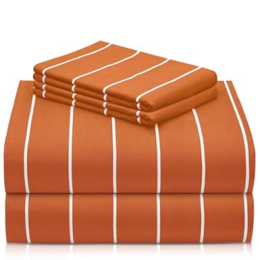 Imagem de LuxClub Jogo de cama casal de 4 peças, lençóis de cama de luxo respiráveis, bolsos profundos de 45,7 cm, sem rugas, lavável na máquina, roupa de cama de hotel (casal, listrado - laranja outono)