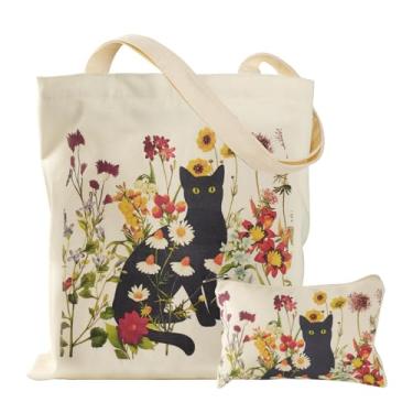 Imagem de VADOO Sacola de lona – com zíper e bolsa pequena, linda bolsa de ombro feminina reutilizável grande para academia, faculdade, viagens, biblioteca, compras, Gato