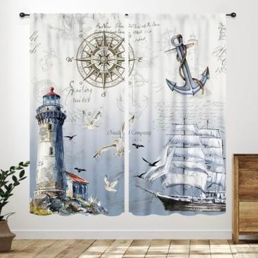 Imagem de Cortinas náuticas, azul oceano praia retrô mapa de veleiro rústico farol bússola cortinas tratamentos para crianças adolescentes quarto sala de estar berçário sala de jogos 2 conjuntos de painéis, 42