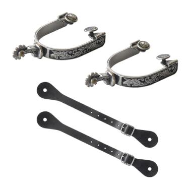 Imagem de Esporas de caubói ocidentais, emparelhadas com cinto de esporão de 6 furos, esporão de cavalo ocidental de aço inoxidável com engrenagem giratória, tiras de esporão de couro retrô fino acabamento fino