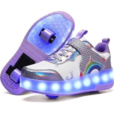 Imagem de RESLIDE Tênis esportivo com rodas para meninos e meninas, crianças, skates, luz LED, recarregável, para iniciantes, melhor presente, 816-roxo, 12 Little Kid