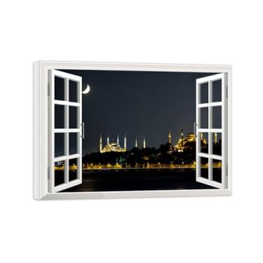 Imagem de Impressões Janela Falsas-Castelo noturno-Paisagem Urbana Pinturas em Tela-Quadro para Decoração Sala de Estar Tela Embrulhada 50x70cm