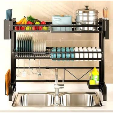 Imagem de Escorredor de Louça Pratos Aço Inox Suspenso 2 Níveis 65cm Portátil Prateleiras, Ganchos Para Xícaras, Escumadeiras Cesta Frutas, Facas, Suporte Para Detergente e Esponja, Com Pezinhos Antiderrapante