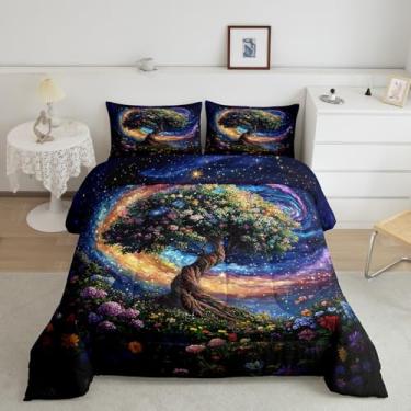 Imagem de Manfei Jogo de cama Queen, árvore da vida, flores naturais, plantas botânicas, galáxia estrelada, edredom acolchoado para crianças, adolescentes, meninas, estilo casa de fazenda, 2 fronhas