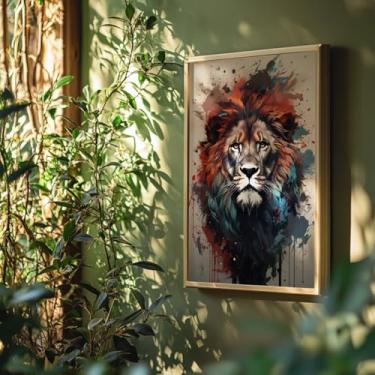 Imagem de Quadro Decorativo Leão Colorido Com Moldura Selvagem Arte Moderna Tinta Explosiva Animal Forte Impacto Visual Parede Luxo
