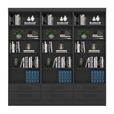 Imagem de Livreiro Multiuso com 2 Gavetas Preto Fosco Kit com 3 - FdECOR - Qmovi