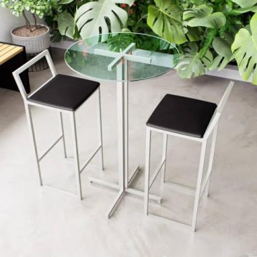 Imagem de Conjunto Mesa Alta Bar Bistrô Redonda Vidro 2 Banquetas Confort Estofado Industrial White (Preto)