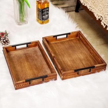 Imagem de Conjunto de 2 bandejas decorativas retangulares marrons de madeira rústica, para comida, frutas e café, ótimo para cama, sala de estar, mesa de centro, cozinha e festa