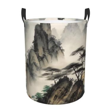 Imagem de Cesta de lavanderia com pintura de paisagem chinesa, dobrável, impermeável, cesto de armazenamento de roupas com alças, pano Oxford, organizador de brinquedos, cesta para banheiro, lavanderia, quarto