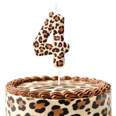 Imagem de Velas de aniversário número 4 com estampa de leopardo, topo de bolo com tema de chita para decoração de bolo para meninos e meninas, decorações de aniversário, suprimentos de festa, velas numéricas