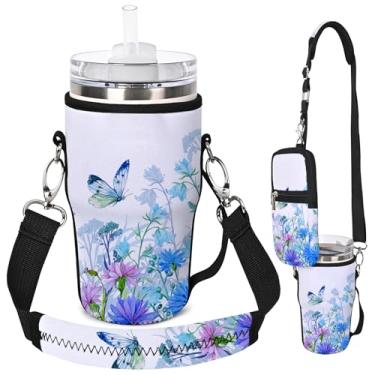 Imagem de AUPET Bolsa de transporte para garrafa de água adequada para copo Stanley Flowstate IceFlow Yeti de 30/20 /396.9 g, acessórios de copo, alça de manga com bolsa de telefone e alça (borboleta de flor