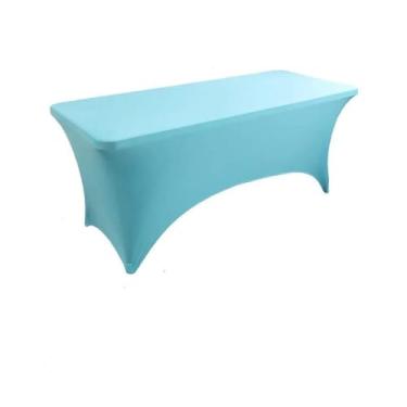 Imagem de Toalha de mesa de elastano opcional de 4 pés, 5 pés, 6 pés e 8 pés, alta elasticidade, capa de mesa de casamento, hotel, aniversário, toalha de mesa dobrável para coquetel, azul claro, 6 pés (181 x