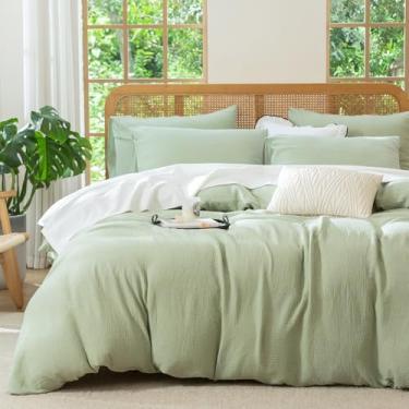 Imagem de Conjunto de capa de edredom Queen, capa de edredom de algodão de luxo de camada dupla enrugada verde sálvia, 3 peças de cama para todas as estações, macio respirável com fecho de zíper (sem edredom)