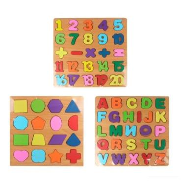 Imagem de Kit 3 Tabuleiro Educativo Letras Formas Quebra-Cabeça e Numeros Madeira 20 X 20 cm 3d Brinquedo Pedagógico Alfabetização Vogais Alfabeto