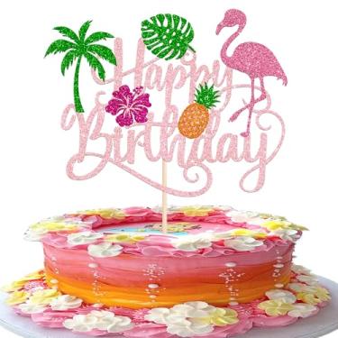 Imagem de 1 pacote de enfeite de bolo de feliz aniversário tropical havaiano luau palheta de bolo glitter flamingo plam deixar abacaxi decoração de cupcake para chá de bebê de verão suprimentos de festa de