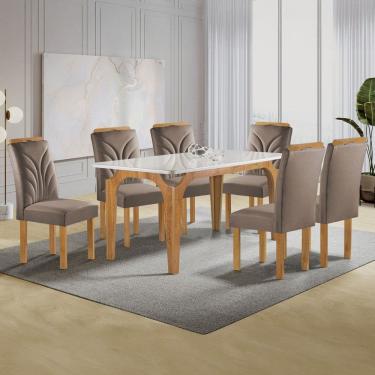 Imagem de Mesa de Jantar 6 Lugares Marromina Carolina com Vidro Cinamomo/Off White/Veludo Bege Escuro - Cel Móveis